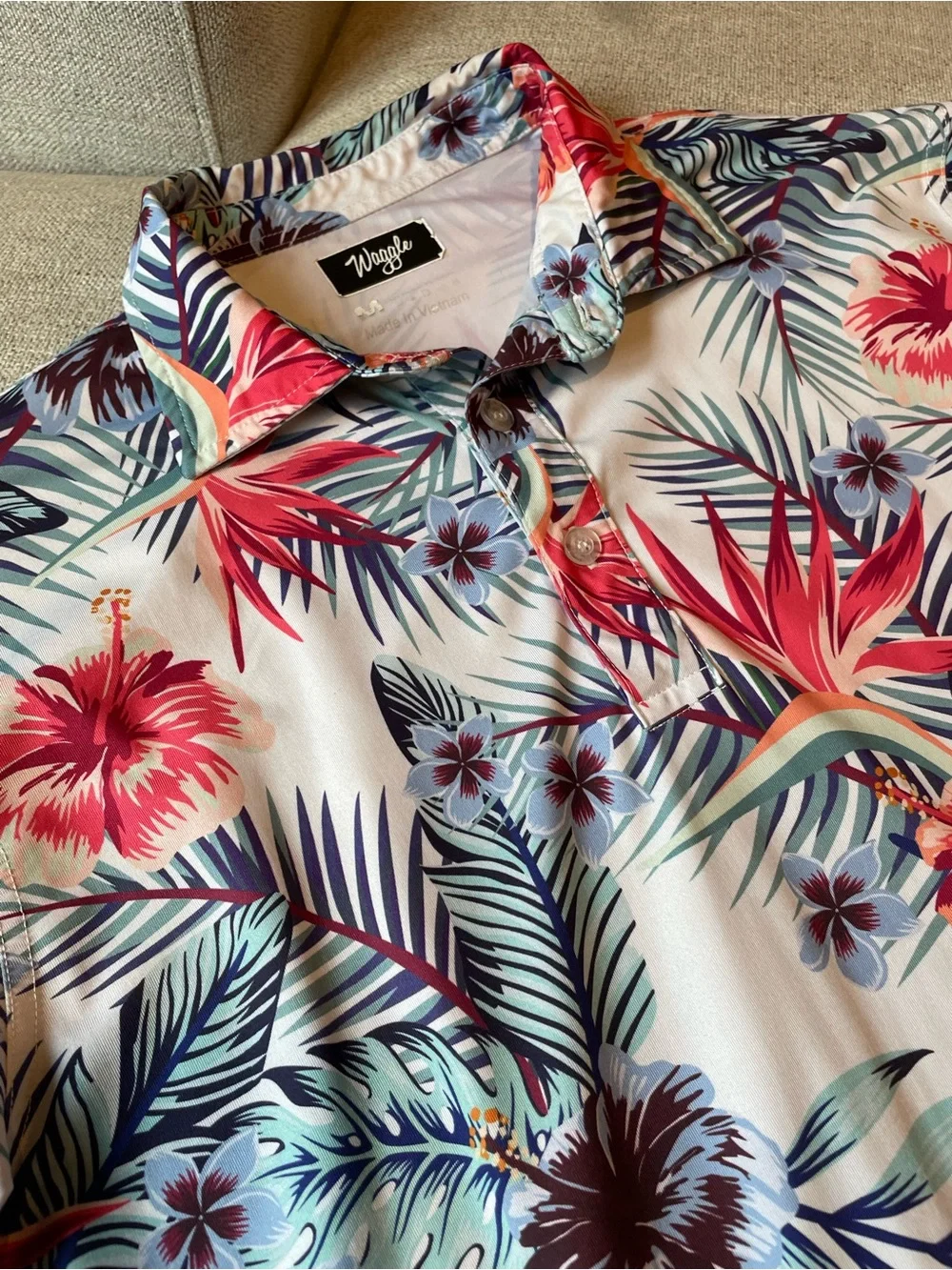 Tropical Floral Polo Shirt - White with Red & Teal Floral - Picture 2 of 4